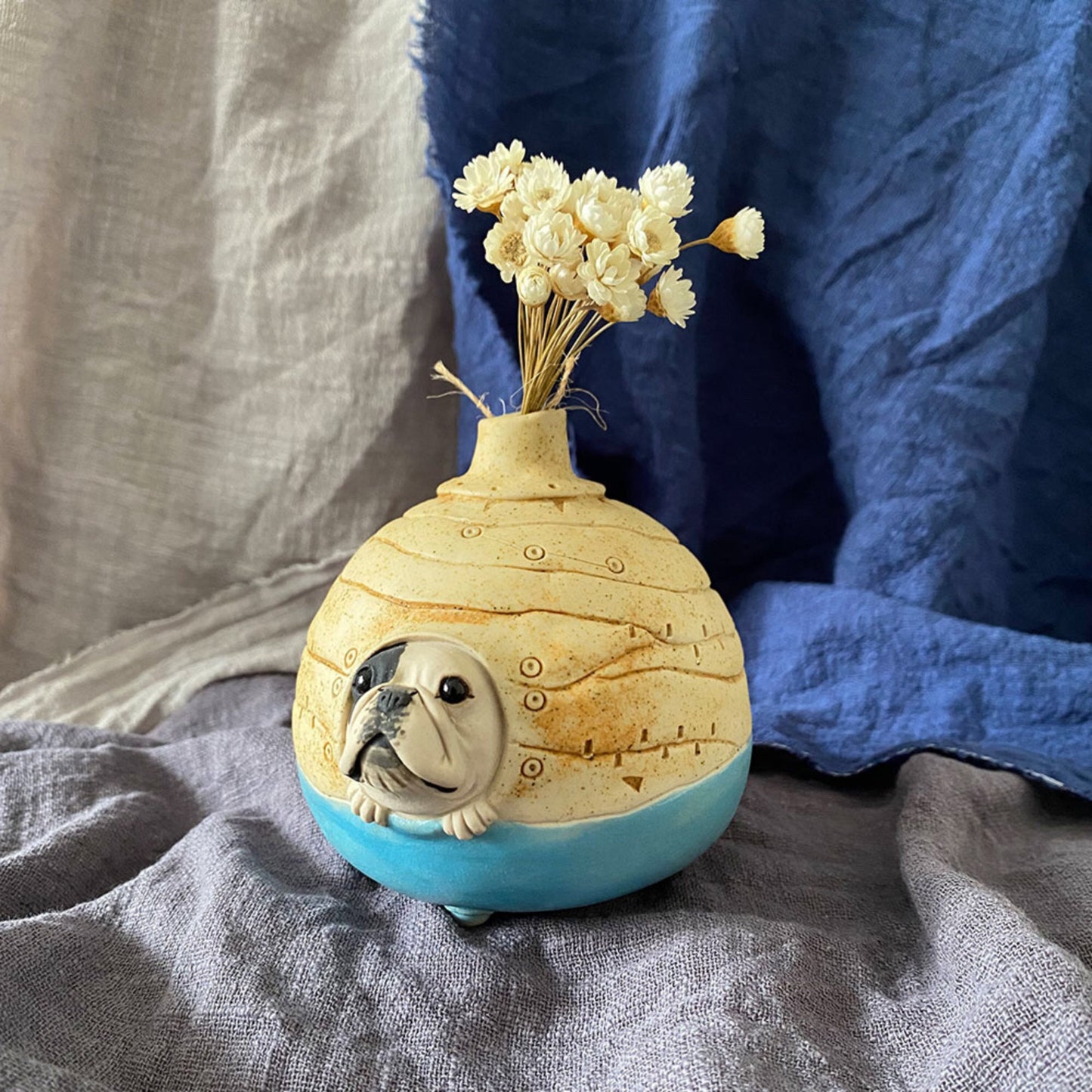 LONG QUAN CELADON - Unique French Bulldog Handcrafted Ceramic Vase - Blue - 10cm Tall - Perfect Gift