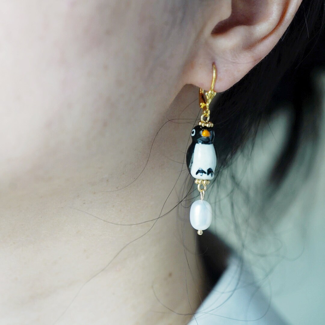 Hand-Painted Penguin Porcelain Earrings with Freshwater Pearls, 925 Sterling Silver Leverback
