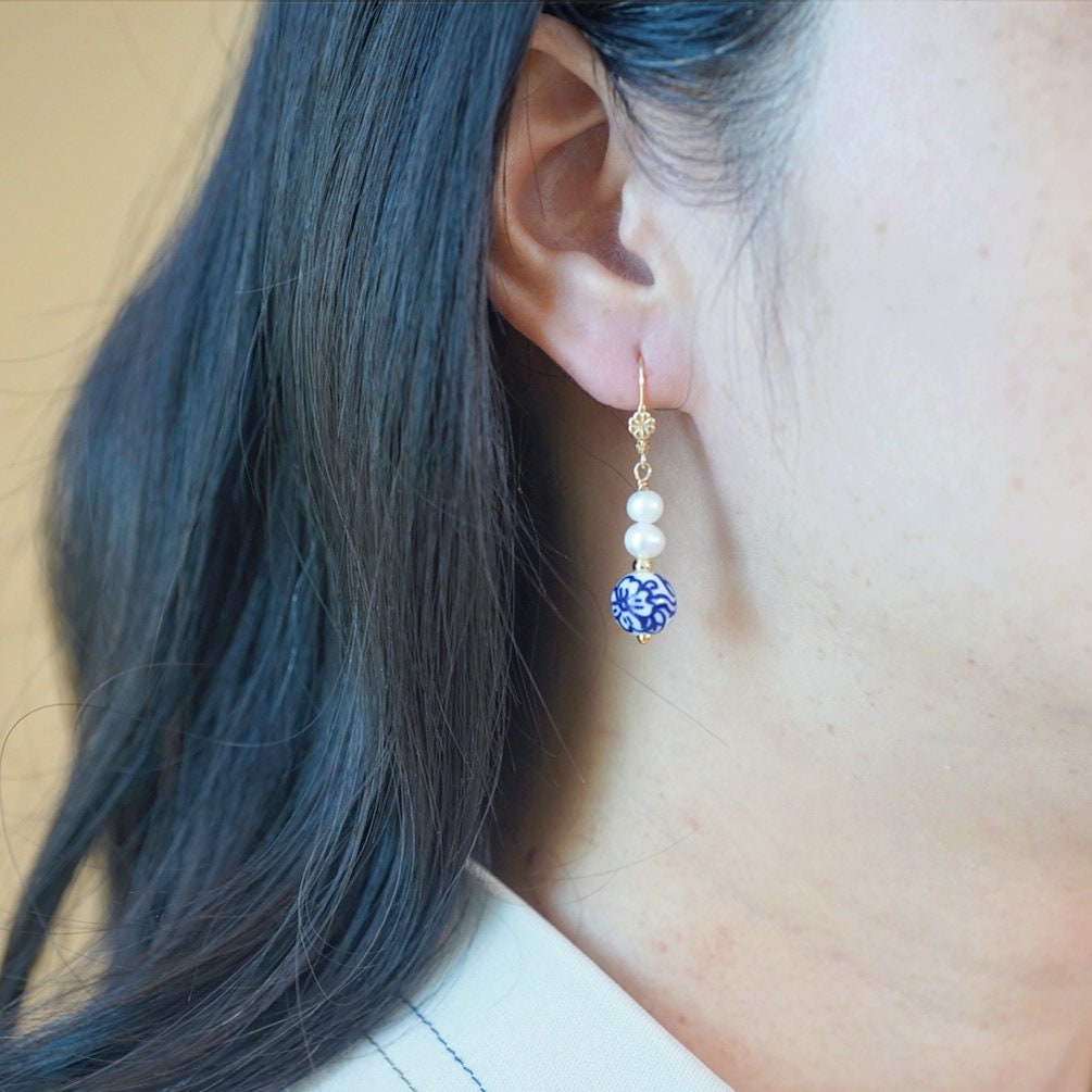 Blue and White Earrings| Elegant Blue Porcelain and Pearl Drop Earrings | Gold Leverback Earrings | Handmade Jewelry | Gift for Her