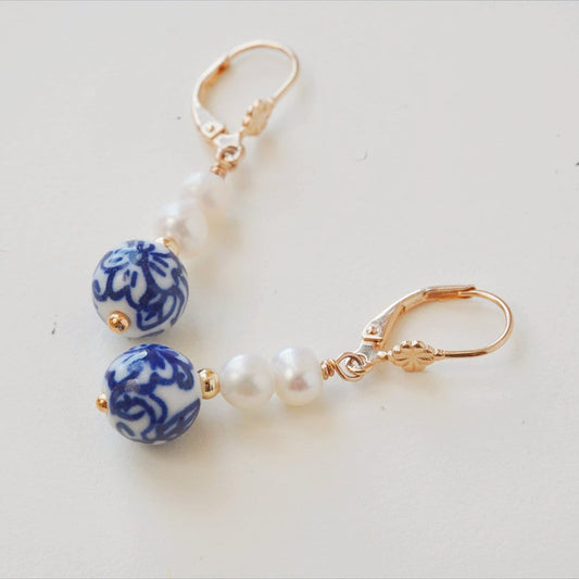 Blue and White Earrings| Elegant Blue Porcelain and Pearl Drop Earrings | Gold Leverback Earrings | Handmade Jewelry | Gift for Her