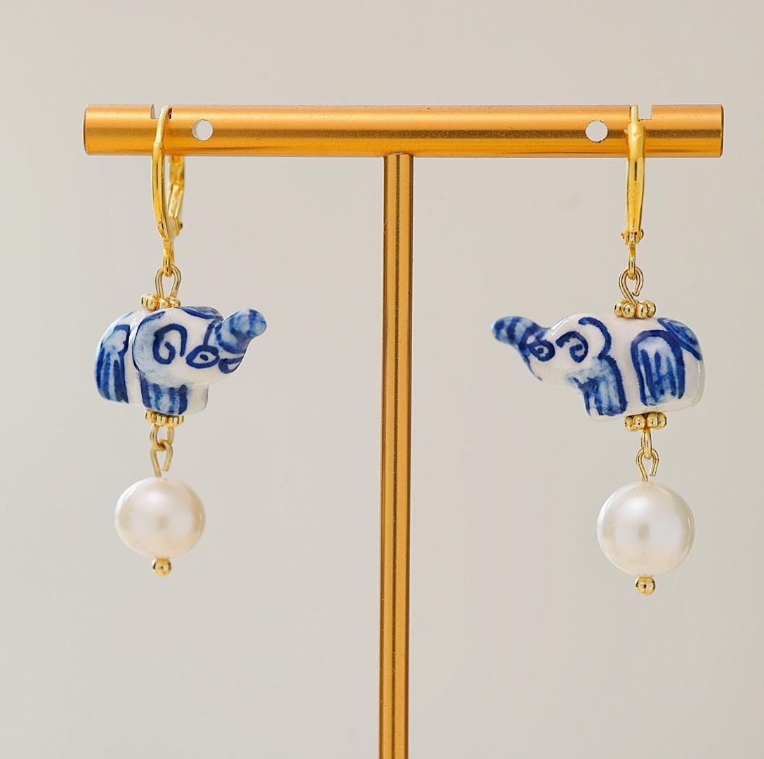Blue White Porcelain Elephant and Pearl Charm, Unique Animal Earrings, Dainty Gold Huggie Hoops, Lucky Elephant Jewelry Gift