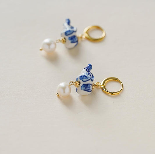Blue White Porcelain Elephant and Pearl Charm, Unique Animal Earrings, Dainty Gold Huggie Hoops, Lucky Elephant Jewelry Gift