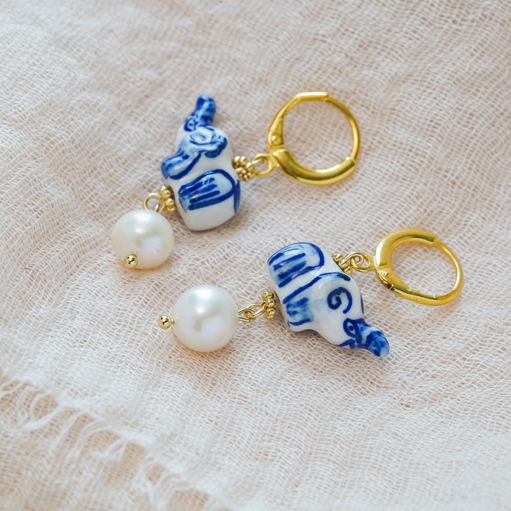Blue White Porcelain Elephant and Pearl Charm, Unique Animal Earrings, Dainty Gold Huggie Hoops, Lucky Elephant Jewelry Gift