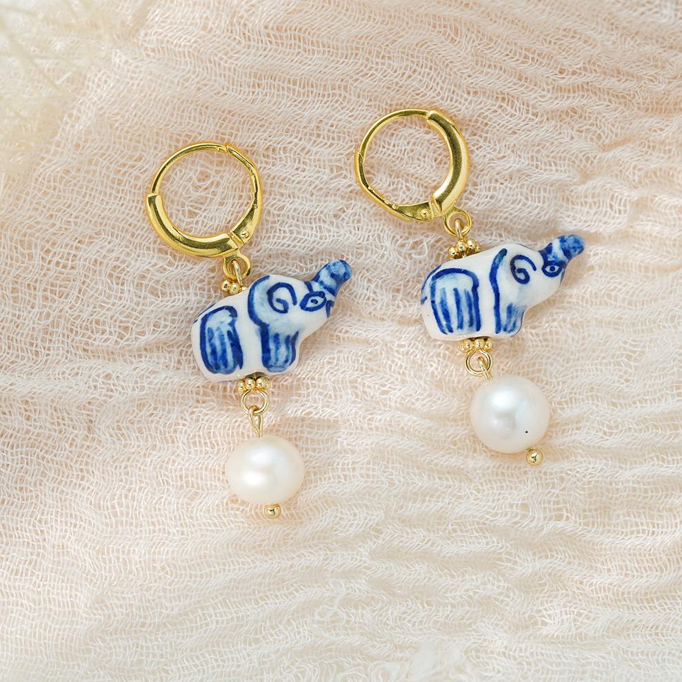 Blue White Porcelain Elephant and Pearl Charm, Unique Animal Earrings, Dainty Gold Huggie Hoops, Lucky Elephant Jewelry Gift