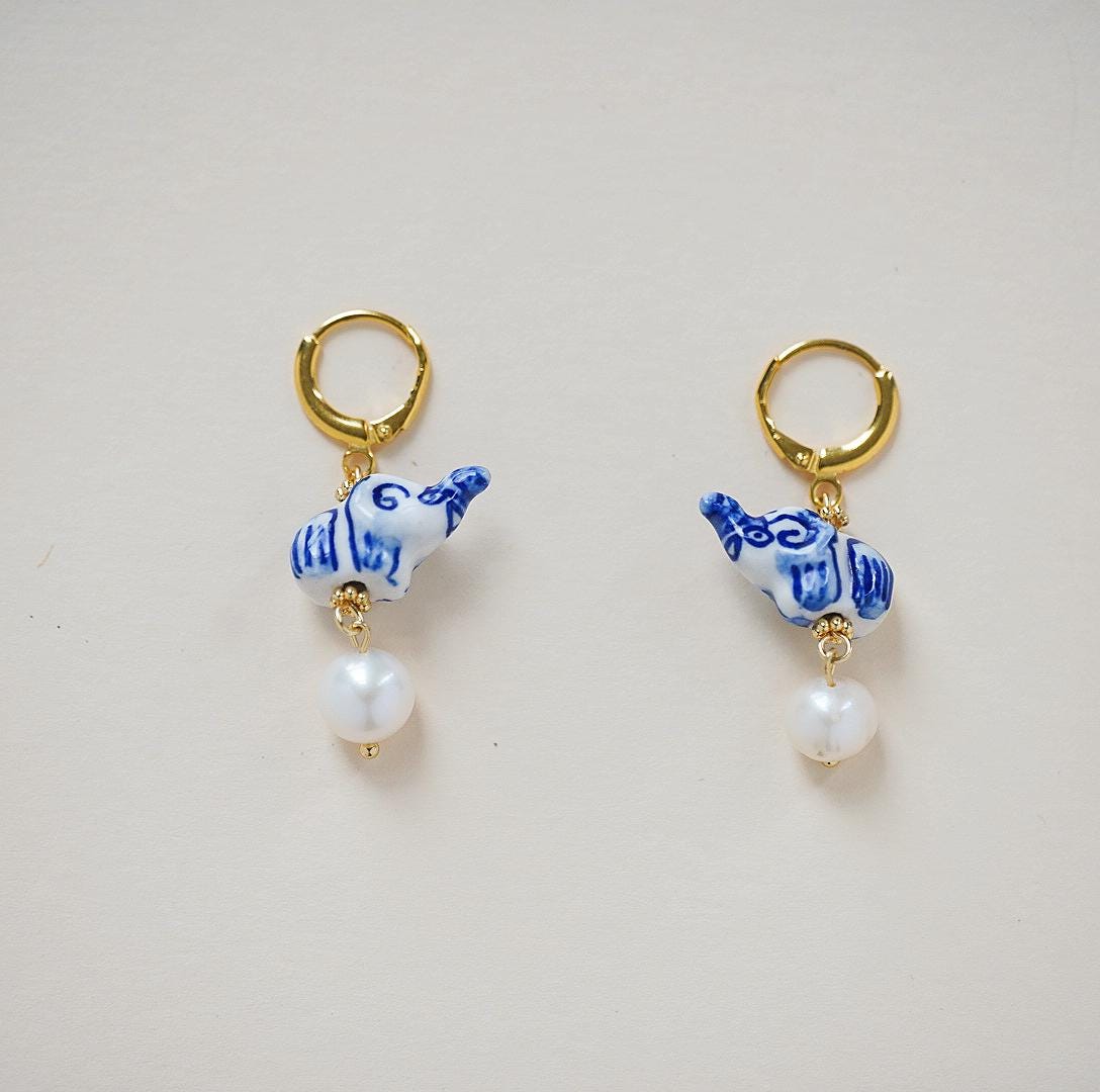 Blue White Porcelain Elephant and Pearl Charm, Unique Animal Earrings, Dainty Gold Huggie Hoops, Lucky Elephant Jewelry Gift