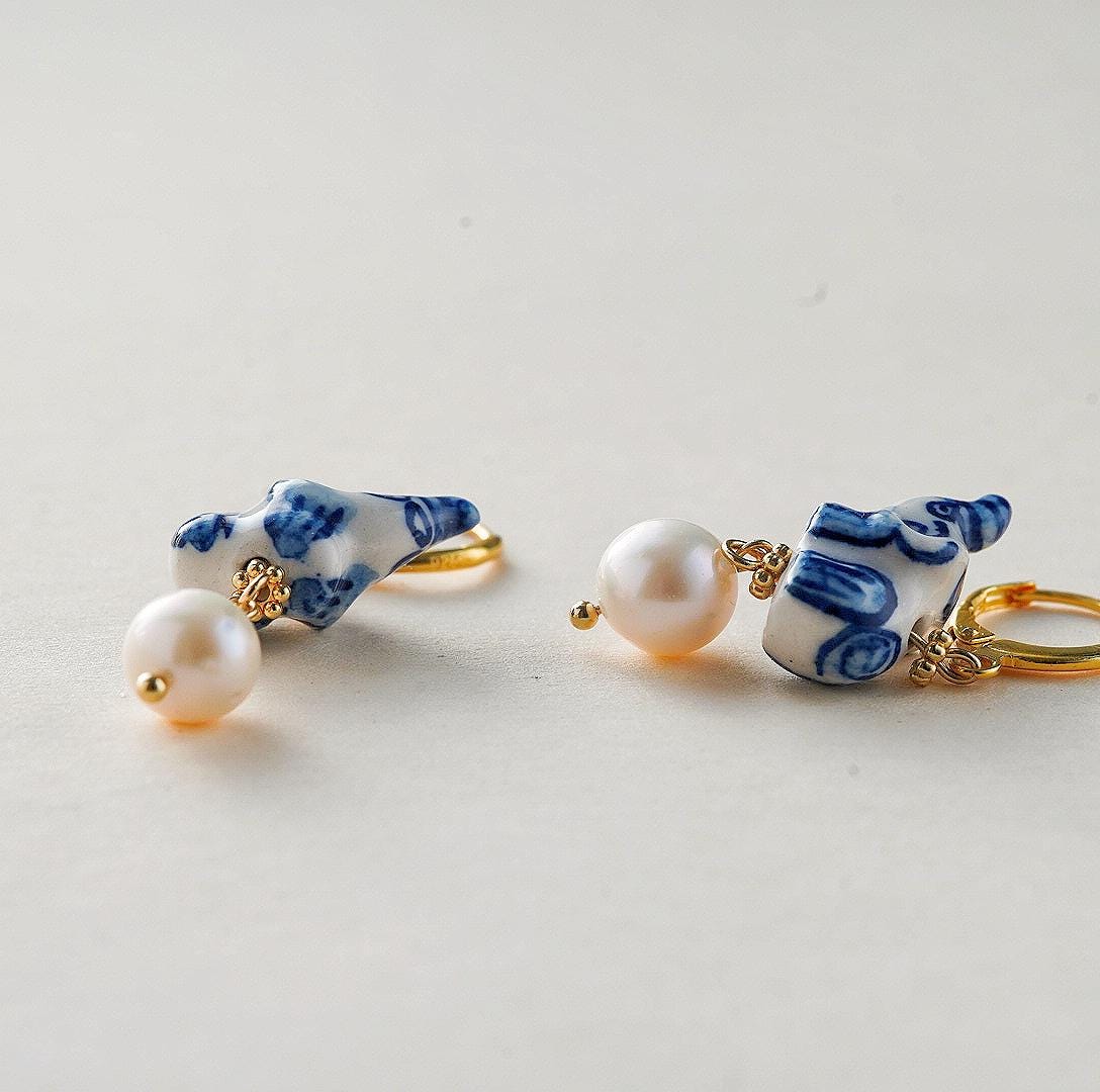 Blue White Porcelain Elephant and Pearl Charm, Unique Animal Earrings, Dainty Gold Huggie Hoops, Lucky Elephant Jewelry Gift