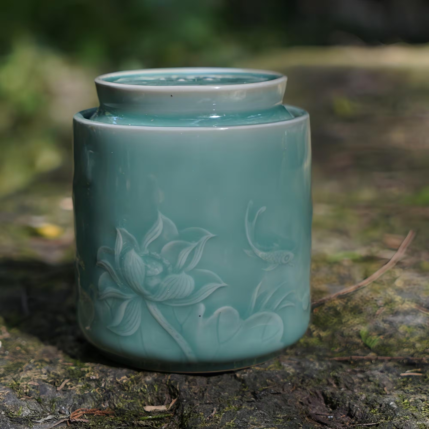Lotus Tea Jar |  Handcrafted Chinese Porcelain Canister | Floral Carved Ceramic Jar | Artisan Gift for Tea Lovers