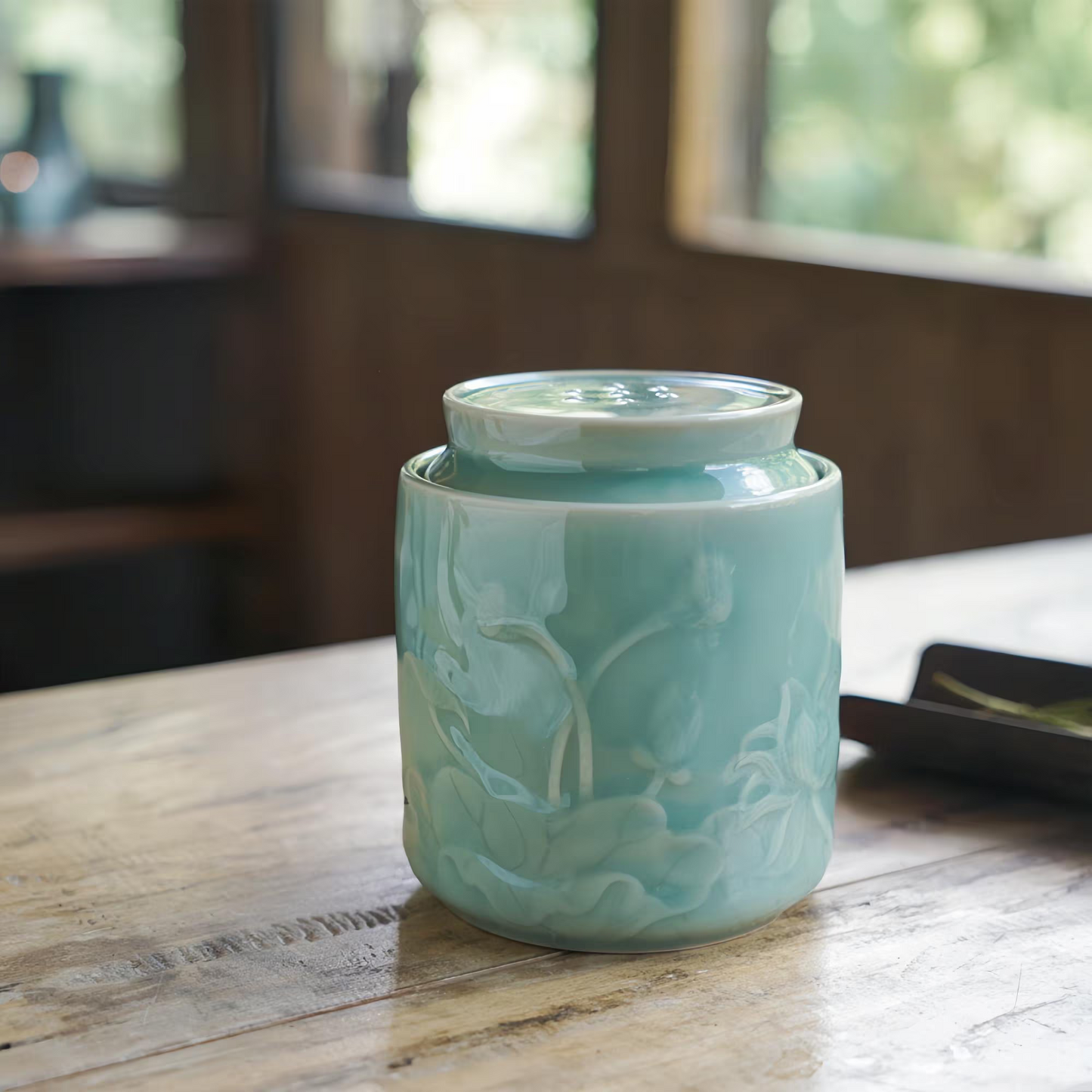 Lotus Tea Jar |  Handcrafted Chinese Porcelain Canister | Floral Carved Ceramic Jar | Artisan Gift for Tea Lovers
