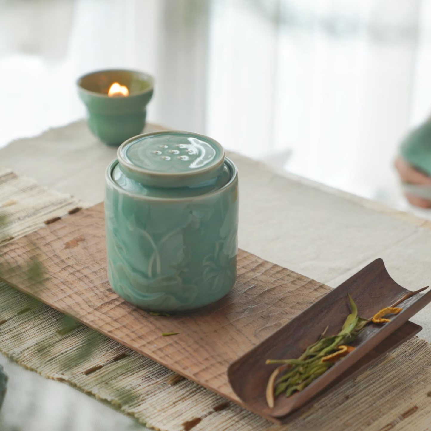 Lotus Tea Jar |  Handcrafted Chinese Porcelain Canister | Floral Carved Ceramic Jar | Artisan Gift for Tea Lovers