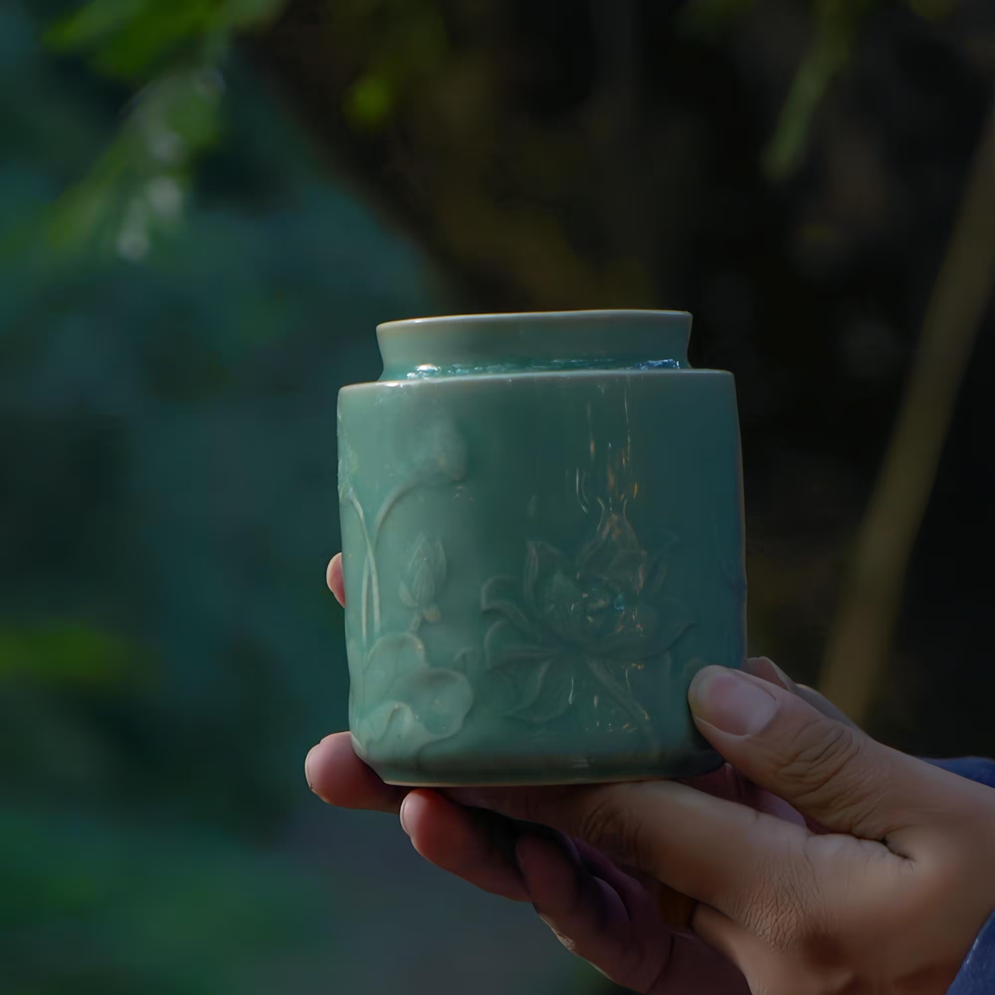 Lotus Tea Jar |  Handcrafted Chinese Porcelain Canister | Floral Carved Ceramic Jar | Artisan Gift for Tea Lovers