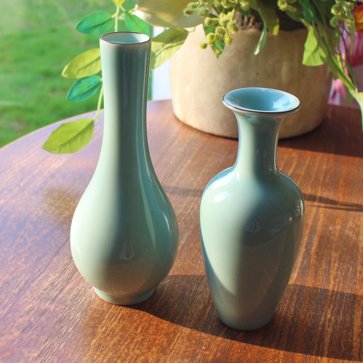 LONG QUAN CELADON - Elegant Longquan Celadon Vase Pair - Handcrafted Porcelain - Blue Glaze - 18cm & 12cm - Timeless Art for Home Decor