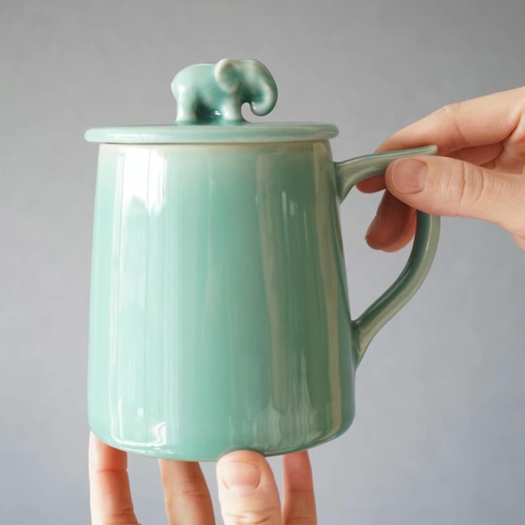 Elephant Coffee Mug -Ceramic Tea Mugs with Hand Printed Designs -Large Handmade Cup