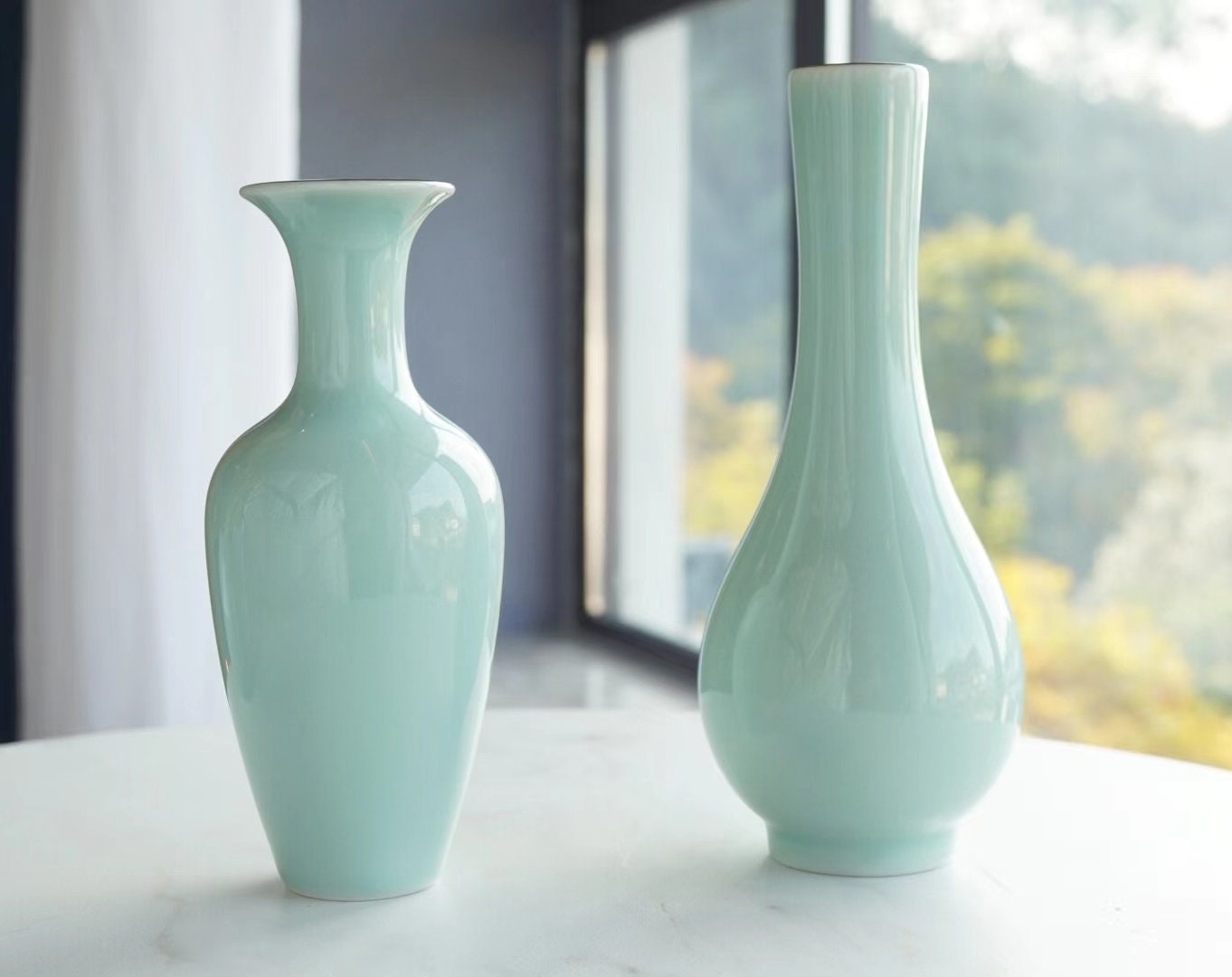 LONG QUAN CELADON - Elegant Longquan Celadon Vase Pair - Handcrafted Porcelain - Blue Glaze - 18cm & 12cm - Timeless Art for Home Decor