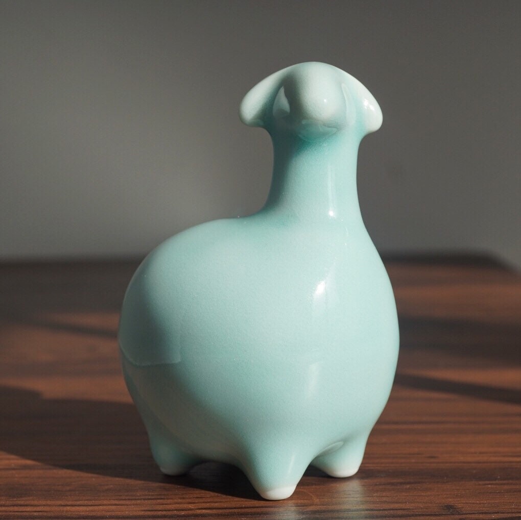 Ceramic Sheep Statue - Shiny Blue Standing sheep Statue - Sheep Figurines,Small  Animal Statues Handmade Sculpture Ornaments  (3.5” x 2.5”)