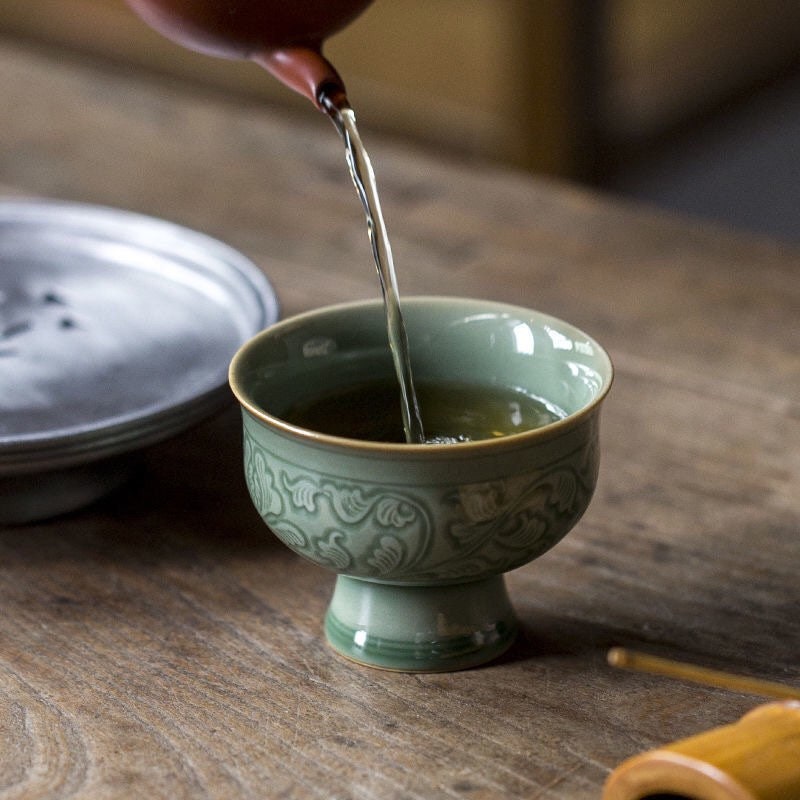 Handcrafted  Tea Cup | Chinese Porcelain Wine Chalice | Elegant 80ml Green Glazed Cup | Artisan Gift for Tea & Wine Lovers