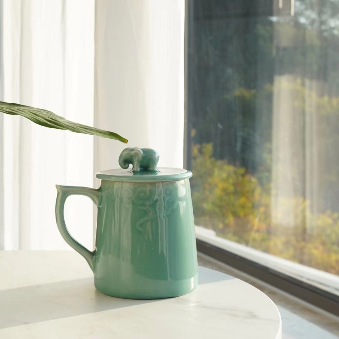 Elephant Coffee Mug -Ceramic Tea Mugs with Hand Printed Designs -Large Handmade Cup