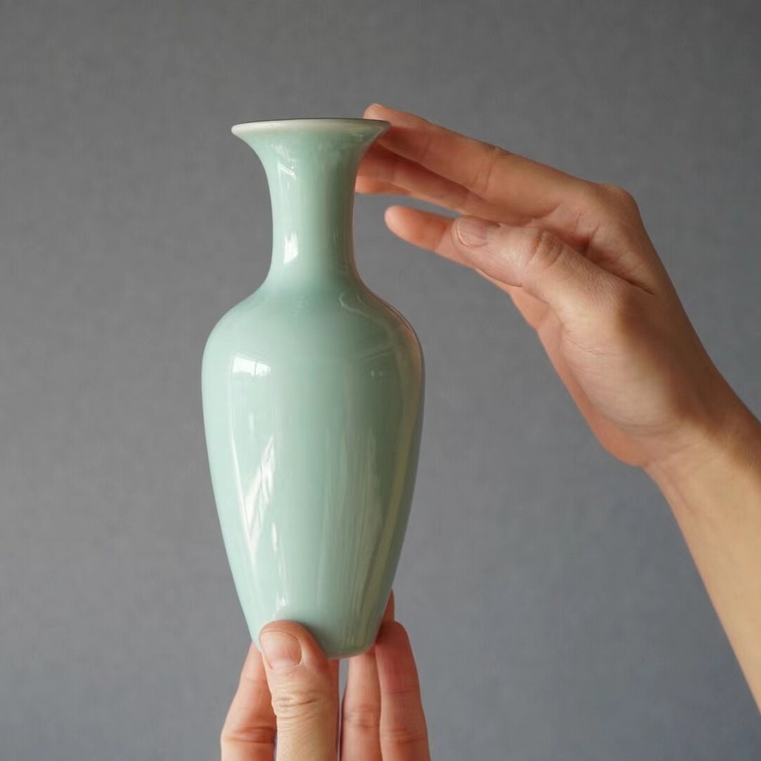 LONG QUAN CELADON - Elegant Longquan Celadon Vase Pair - Handcrafted Porcelain - Blue Glaze - 18cm & 12cm - Timeless Art for Home Decor