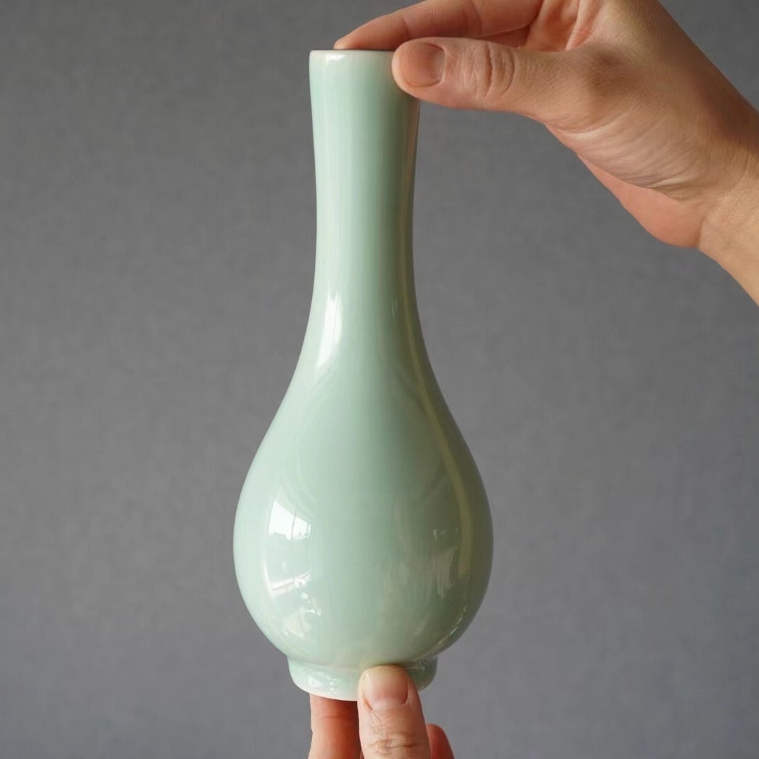 LONG QUAN CELADON - Elegant Longquan Celadon Vase Pair - Handcrafted Porcelain - Blue Glaze - 18cm & 12cm - Timeless Art for Home Decor