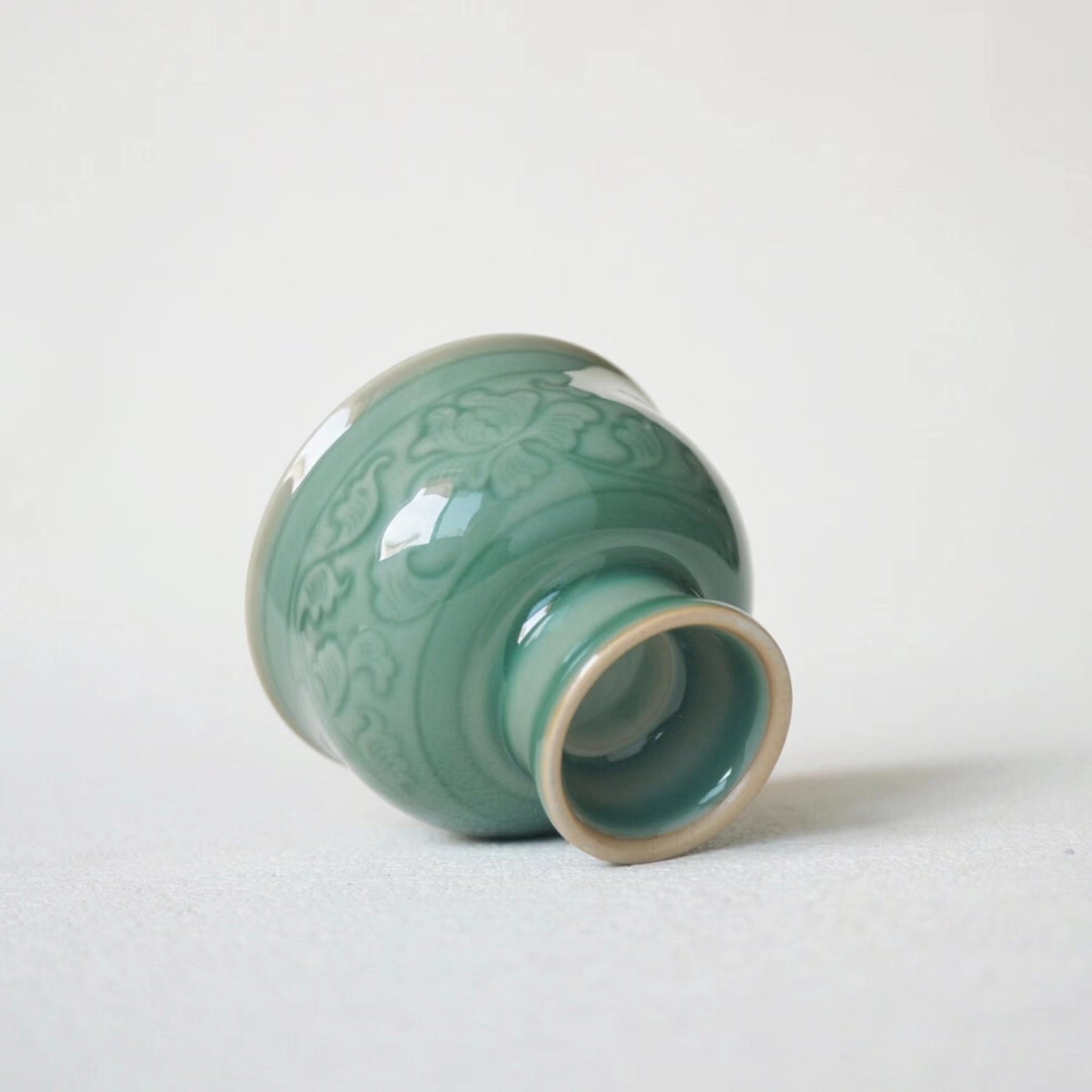 Handcrafted  Tea Cup | Chinese Porcelain Wine Chalice | Elegant 80ml Green Glazed Cup | Artisan Gift for Tea & Wine Lovers