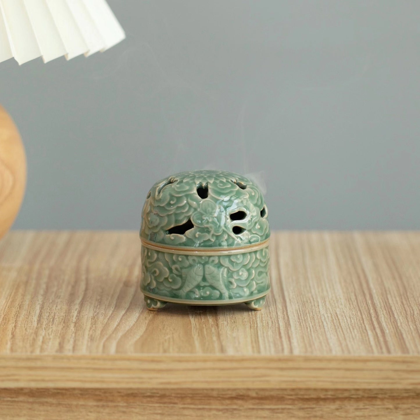 Handcrafted Ceramic Incense Burner, Longquan Celadon Smudge Holder, Sage Charcoal Burner, Elegant Floral Design for Relaxation & Meditation