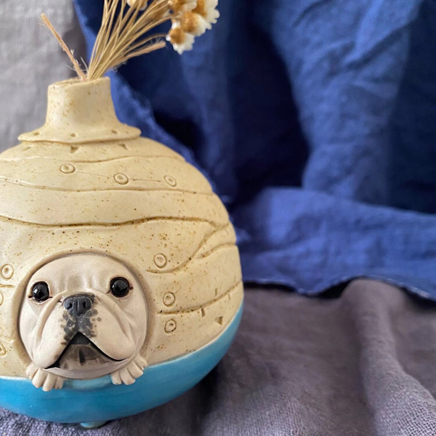 LONG QUAN CELADON - Unique French Bulldog Handcrafted Ceramic Vase - Blue - 10cm Tall - Perfect Gift