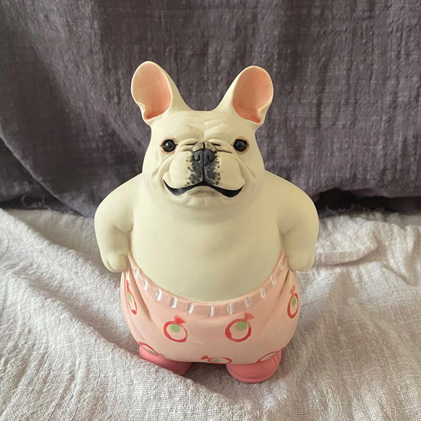 LONG QUAN CELADON - Adorable Handcrafted French Bulldog Sculpture - 5-inch Tall - Playful Pink Pants Pose - Unique Gift
