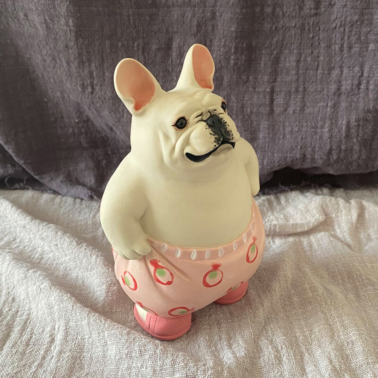 LONG QUAN CELADON - Adorable Handcrafted French Bulldog Sculpture - 5-inch Tall - Playful Pink Pants Pose - Unique Gift