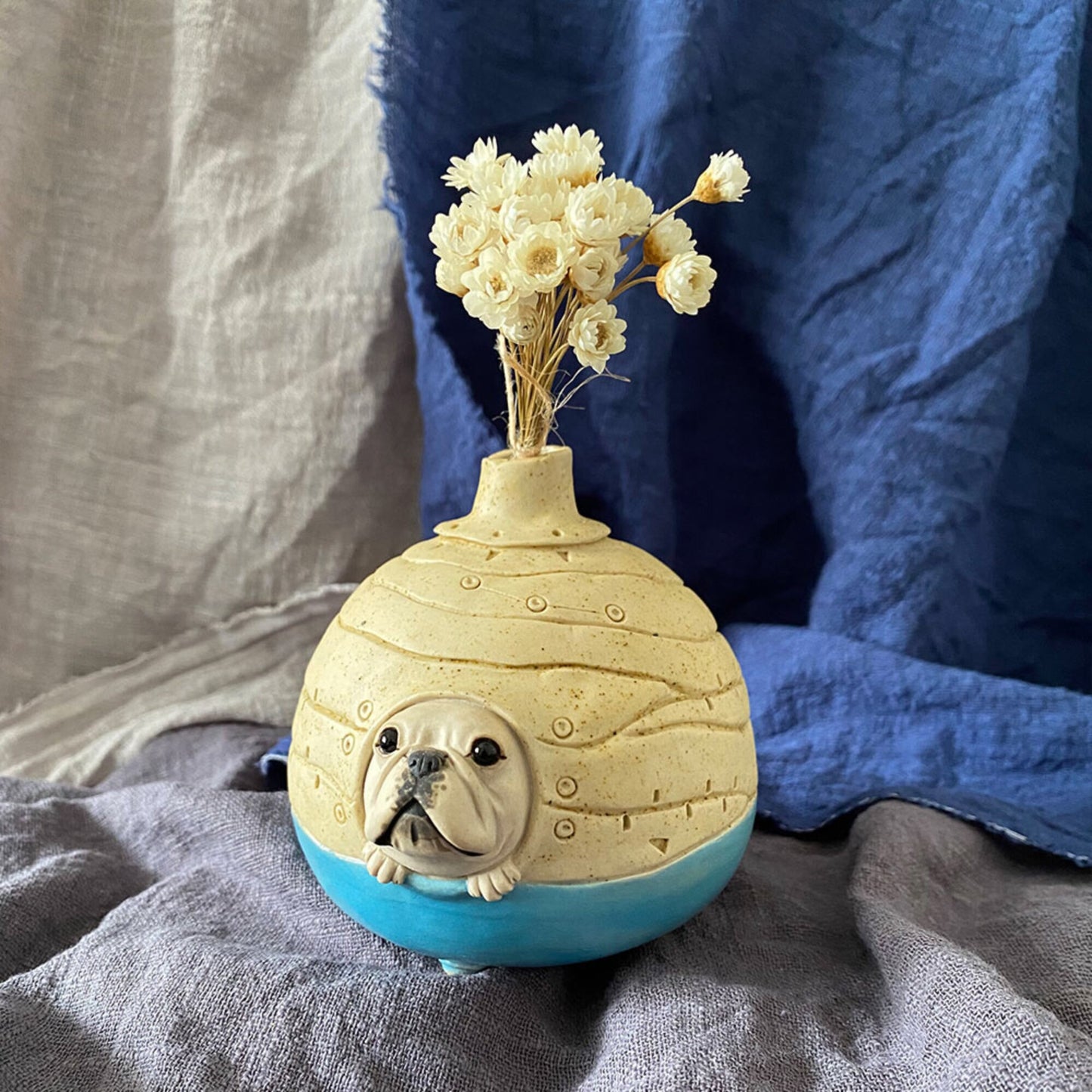 LONG QUAN CELADON - Unique French Bulldog Handcrafted Ceramic Vase - Blue - 10cm Tall - Perfect Gift