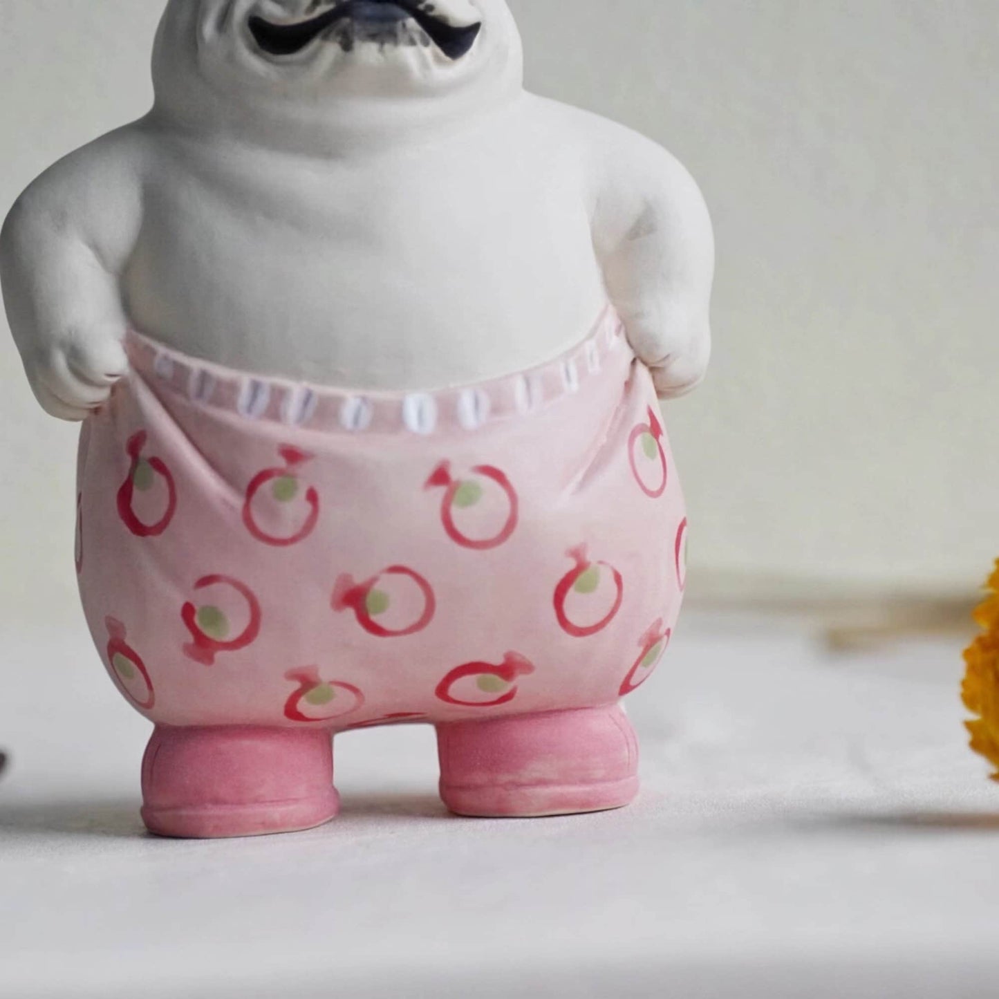 LONG QUAN CELADON - Adorable Handcrafted French Bulldog Sculpture - 5-inch Tall - Playful Pink Pants Pose - Unique Gift