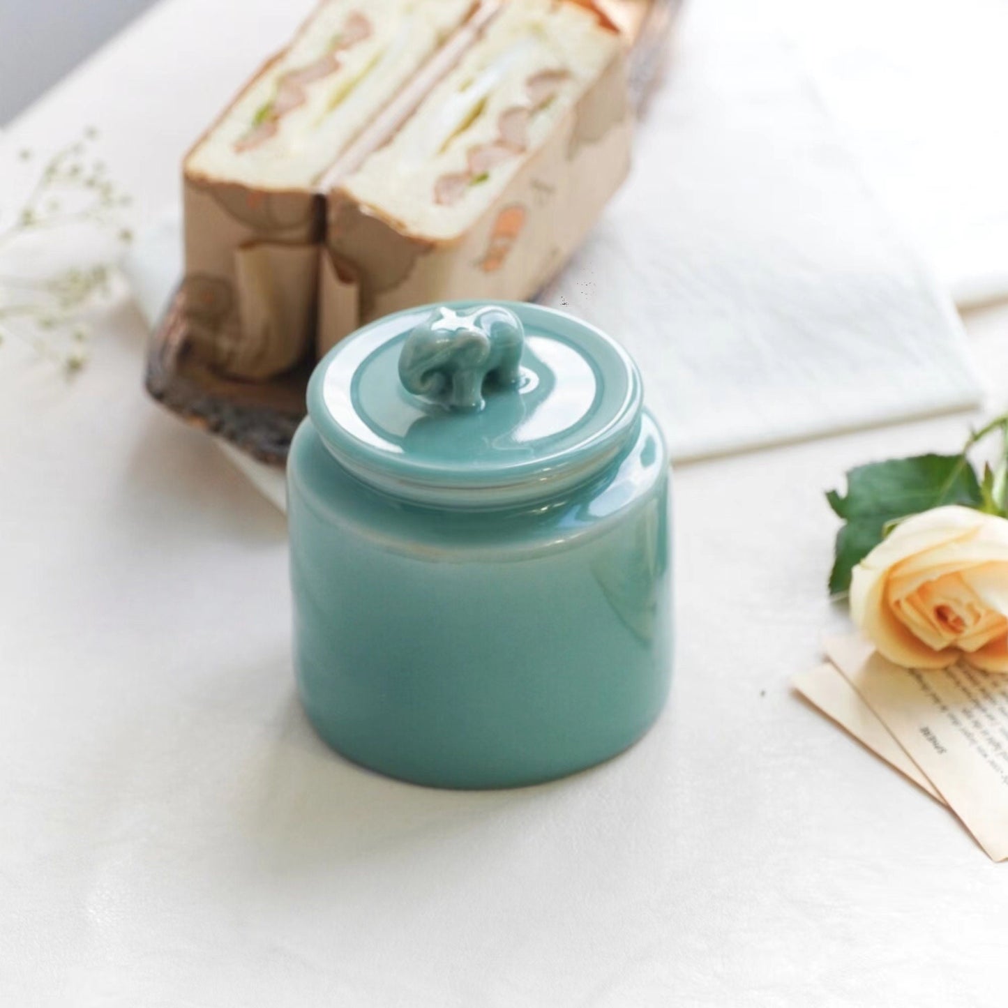 Tea Jar with Elephant Lid, Handcrafted Ceramic Storage Jar, 450ML West Lake Pagoda Design, Chinese Cultural Gift