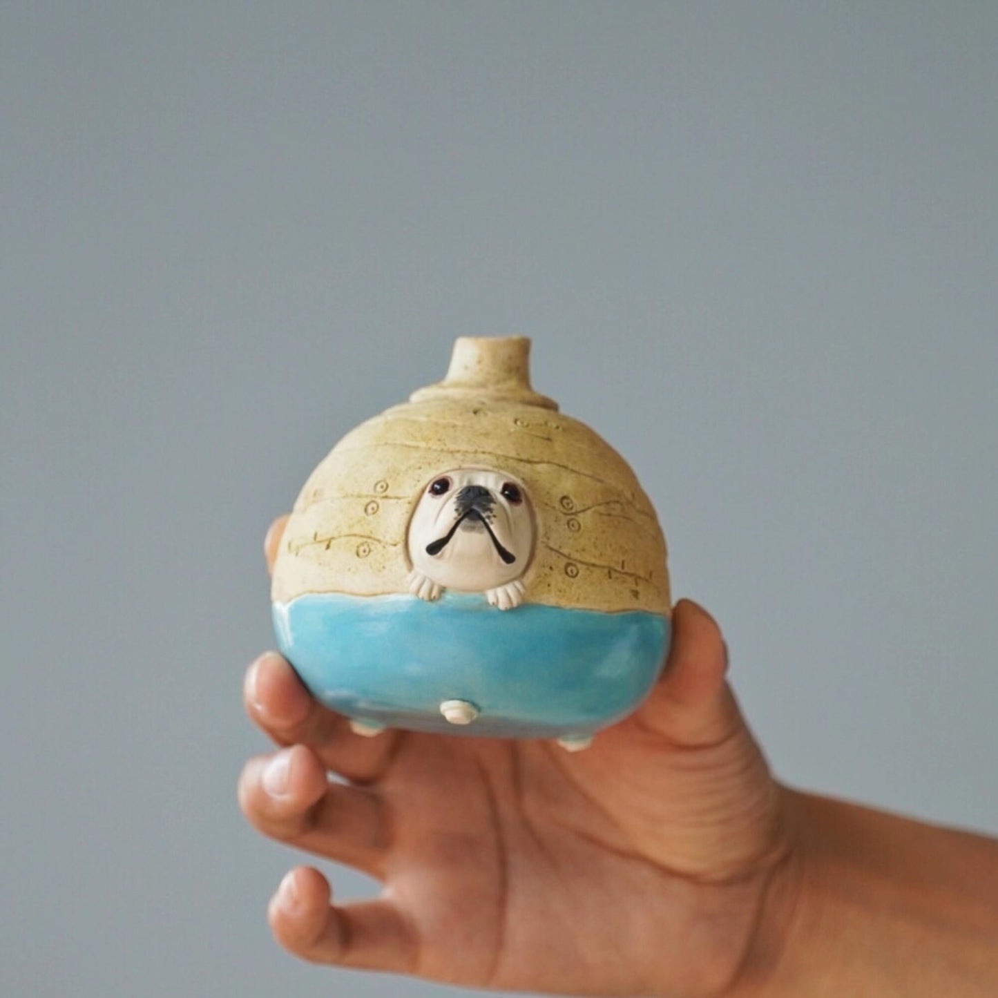 LONG QUAN CELADON - Unique French Bulldog Handcrafted Ceramic Vase - Blue - 10cm Tall - Perfect Gift