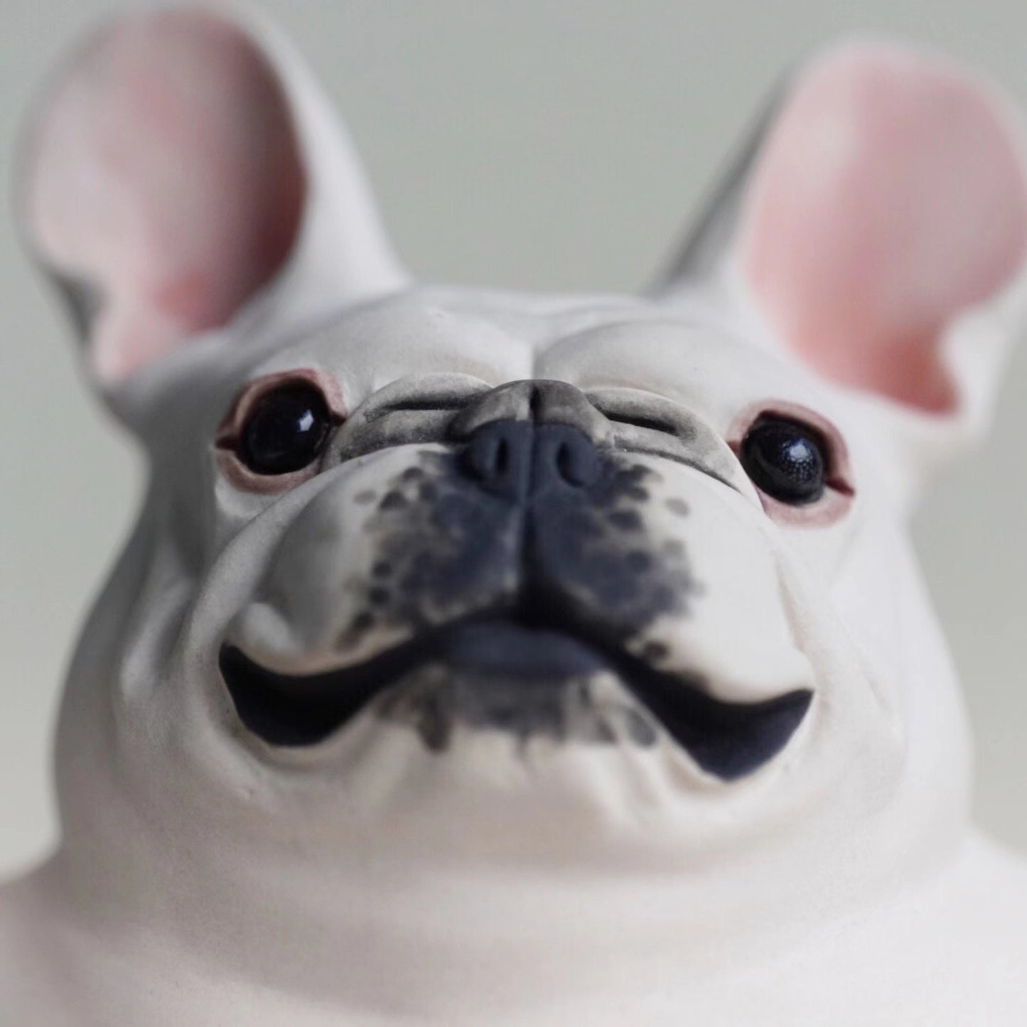 LONG QUAN CELADON - Adorable Handcrafted French Bulldog Sculpture - 5-inch Tall - Playful Pink Pants Pose - Unique Gift