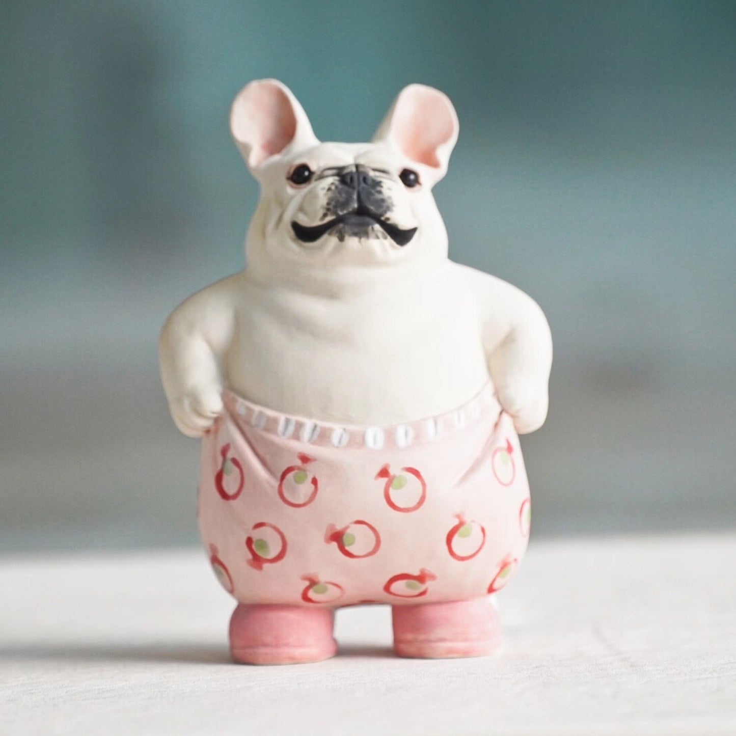 LONG QUAN CELADON - Adorable Handcrafted French Bulldog Sculpture - 5-inch Tall - Playful Pink Pants Pose - Unique Gift