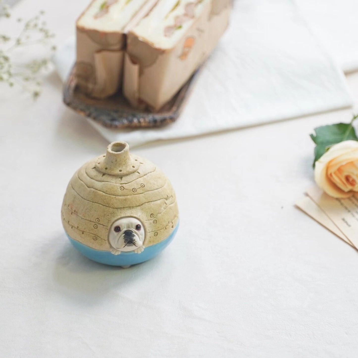 LONG QUAN CELADON - Unique French Bulldog Handcrafted Ceramic Vase - Blue - 10cm Tall - Perfect Gift