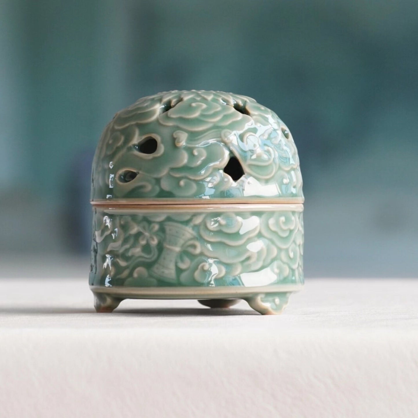 Handcrafted Ceramic Incense Burner, Longquan Celadon Smudge Holder, Sage Charcoal Burner, Elegant Floral Design for Relaxation & Meditation