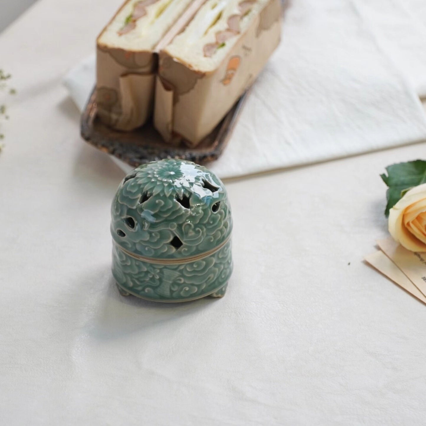 Handcrafted Ceramic Incense Burner, Longquan Celadon Smudge Holder, Sage Charcoal Burner, Elegant Floral Design for Relaxation & Meditation