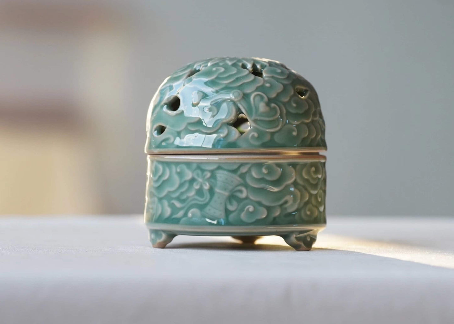 Handcrafted Ceramic Incense Burner, Longquan Celadon Smudge Holder, Sage Charcoal Burner, Elegant Floral Design for Relaxation & Meditation