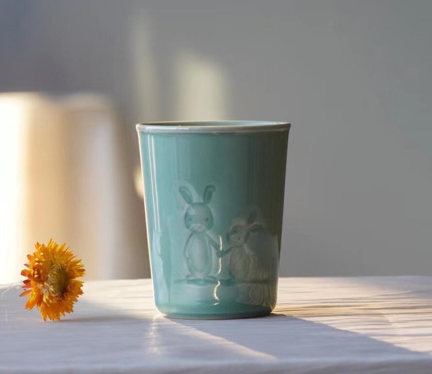 Handmade Ceramic Mug | Rabbit Engraved Tea Cup | 300ml Pottery Cup | Rustic Coffee Mug | Unique Gift for Tea Lovers |