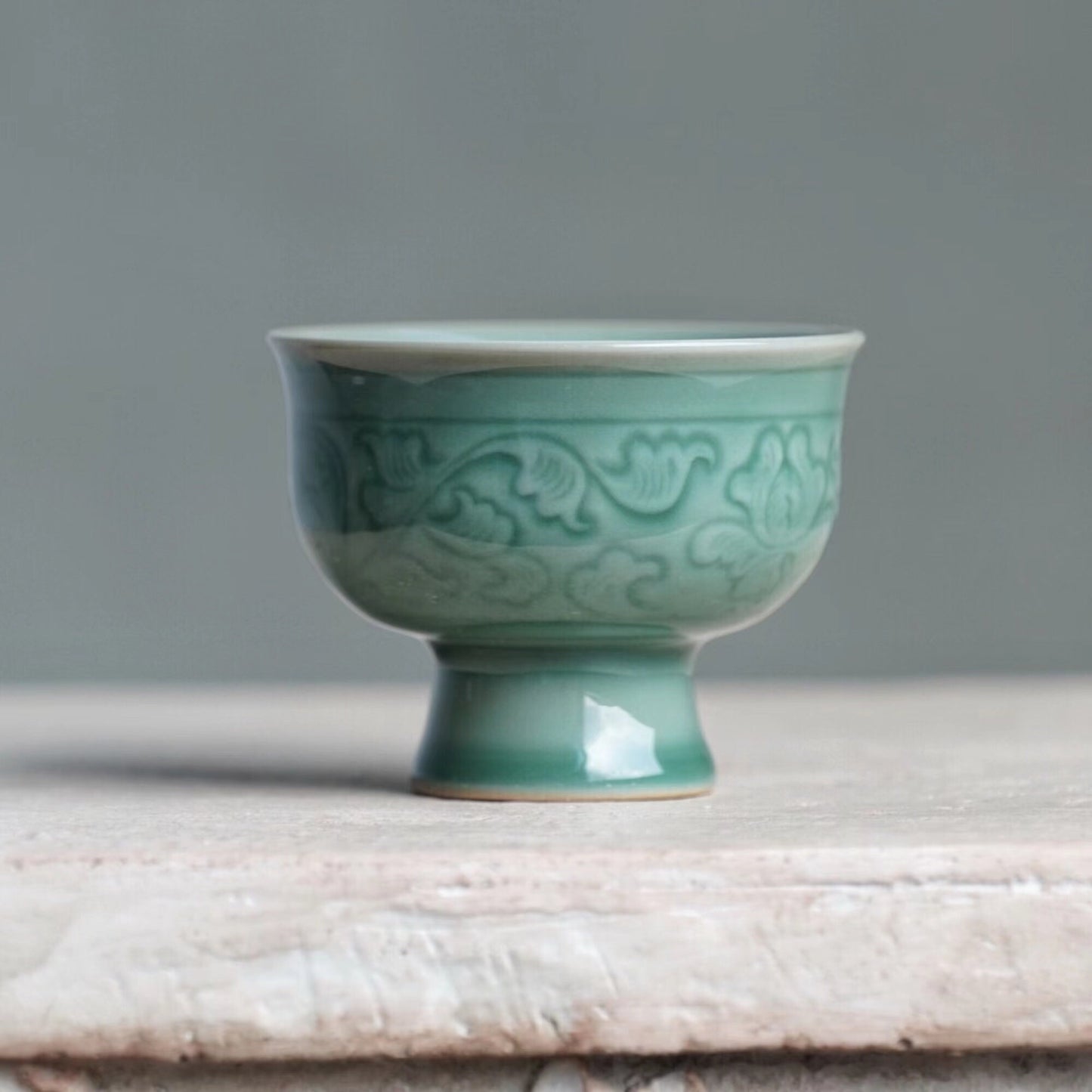 Handcrafted  Tea Cup | Chinese Porcelain Wine Chalice | Elegant 80ml Green Glazed Cup | Artisan Gift for Tea & Wine Lovers