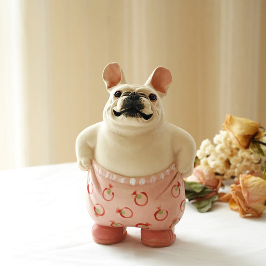 LONG QUAN CELADON - Adorable Handcrafted French Bulldog Sculpture - 5-inch Tall - Playful Pink Pants Pose - Unique Gift