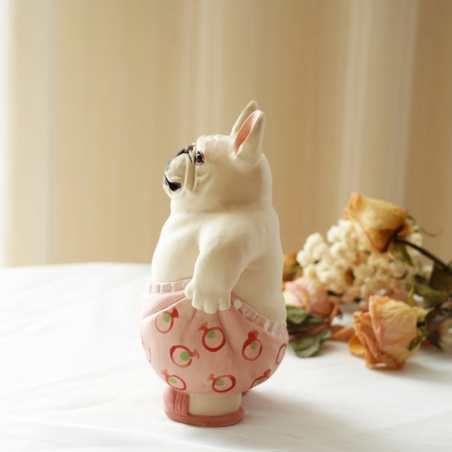 LONG QUAN CELADON - Adorable Handcrafted French Bulldog Sculpture - 5-inch Tall - Playful Pink Pants Pose - Unique Gift