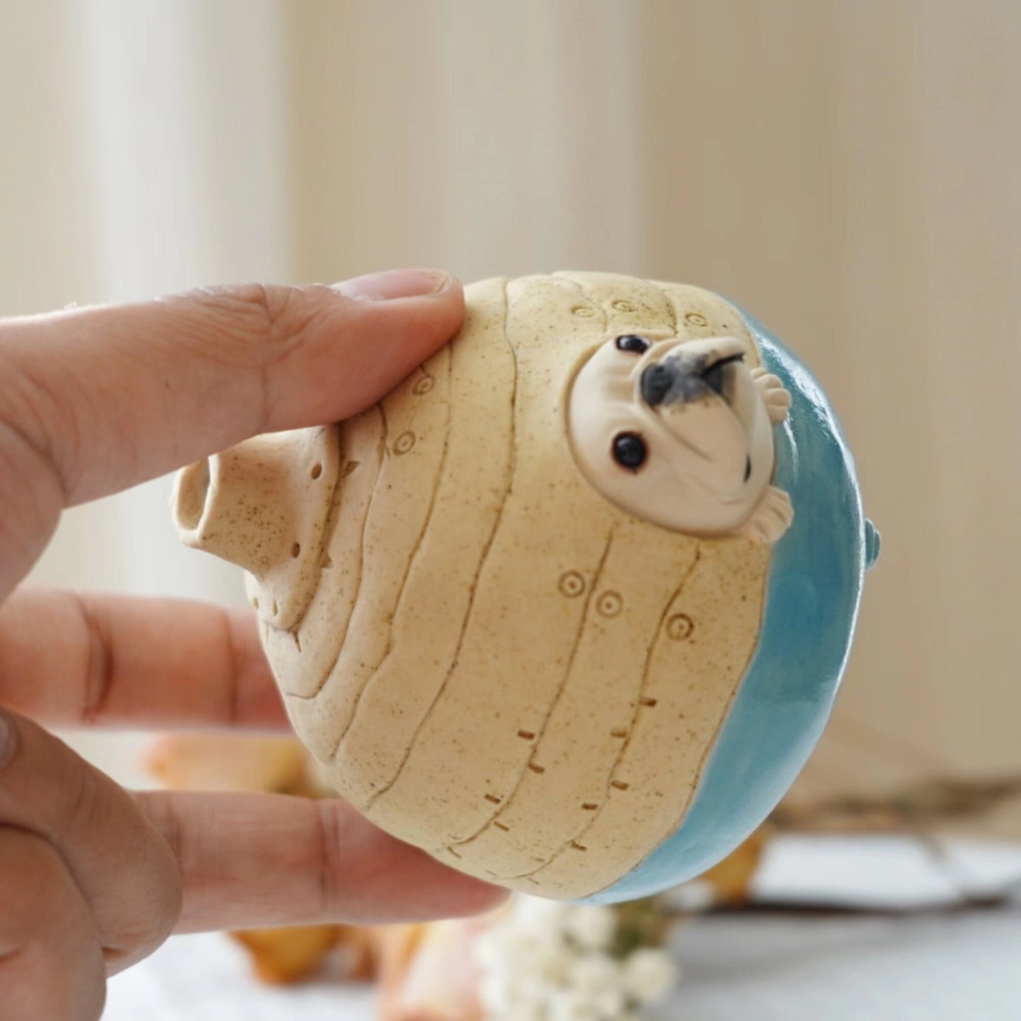 LONG QUAN CELADON - Unique French Bulldog Handcrafted Ceramic Vase - Blue - 10cm Tall - Perfect Gift