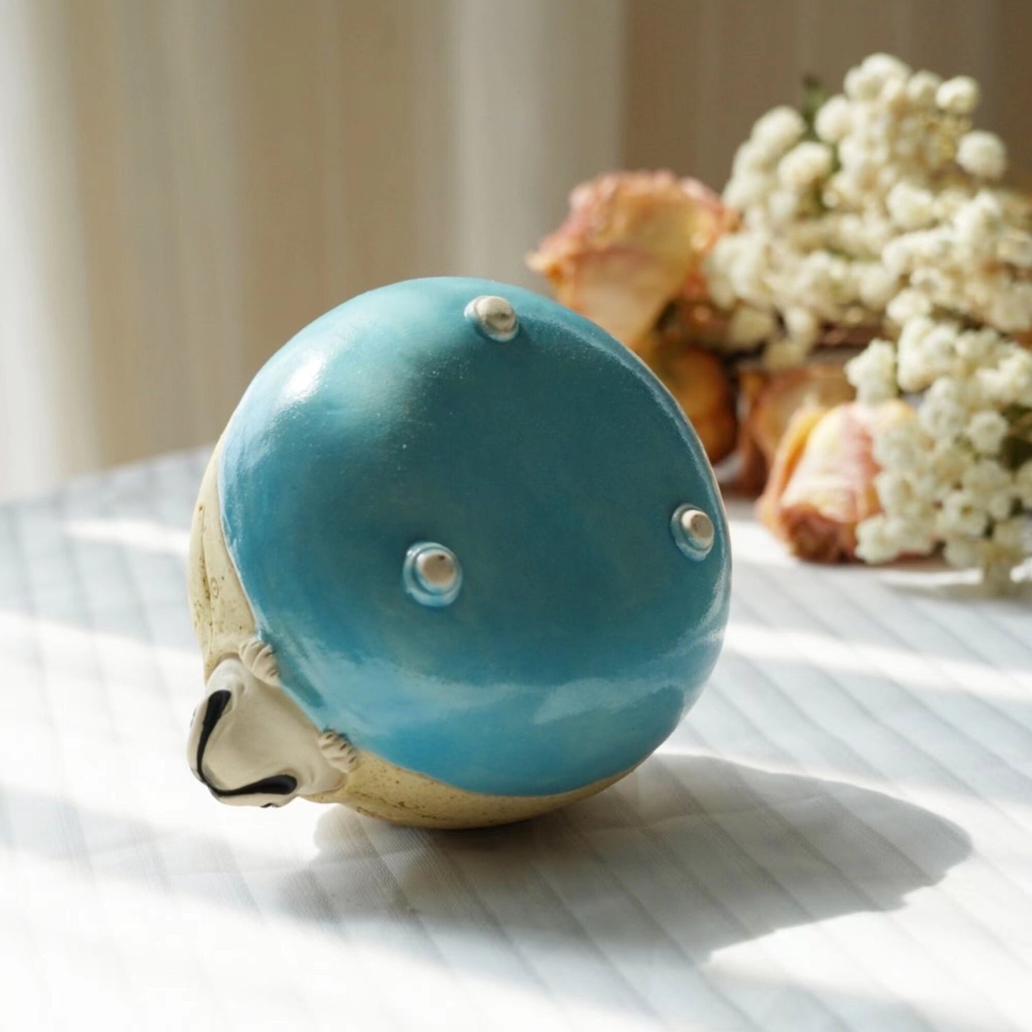 LONG QUAN CELADON - Unique French Bulldog Handcrafted Ceramic Vase - Blue - 10cm Tall - Perfect Gift