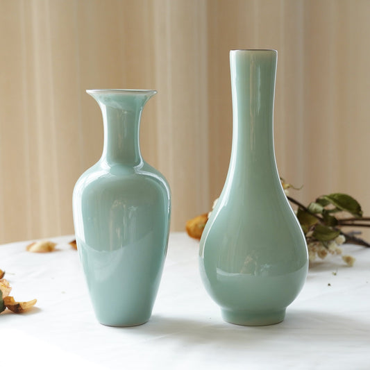 LONG QUAN CELADON - Elegant Longquan Celadon Vase Pair - Handcrafted Porcelain - Blue Glaze - 18cm & 12cm - Timeless Art for Home Decor