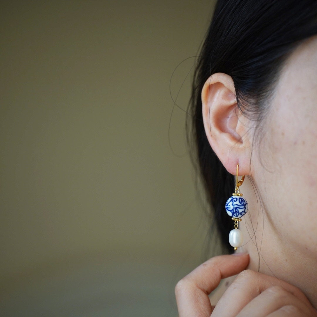 Four Leaf Clover Blue and White Porcelain Earrings, Freshwater Pearls, 14K Gold Leverback