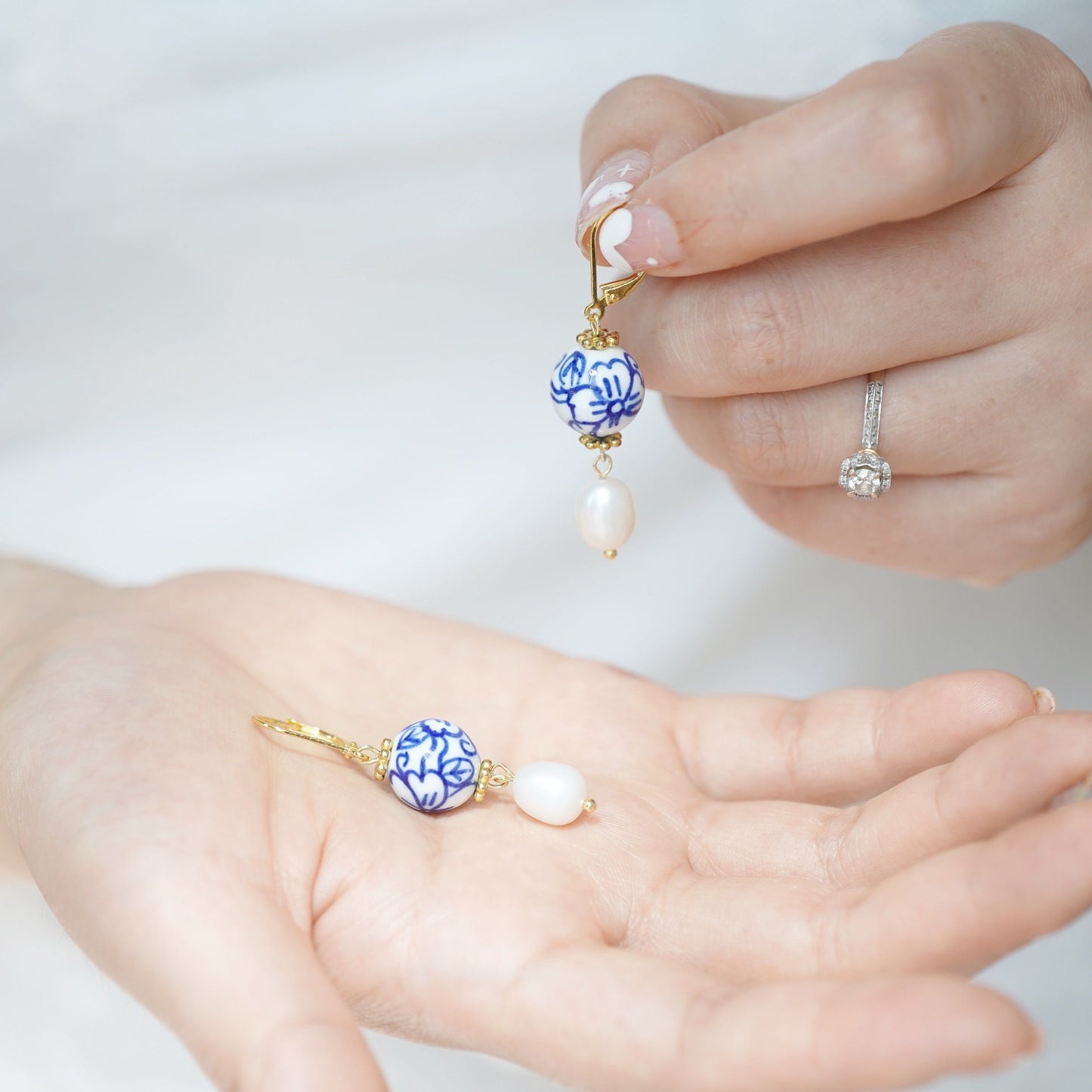 Four Leaf Clover Blue and White Porcelain Earrings, Freshwater Pearls, 14K Gold Leverback