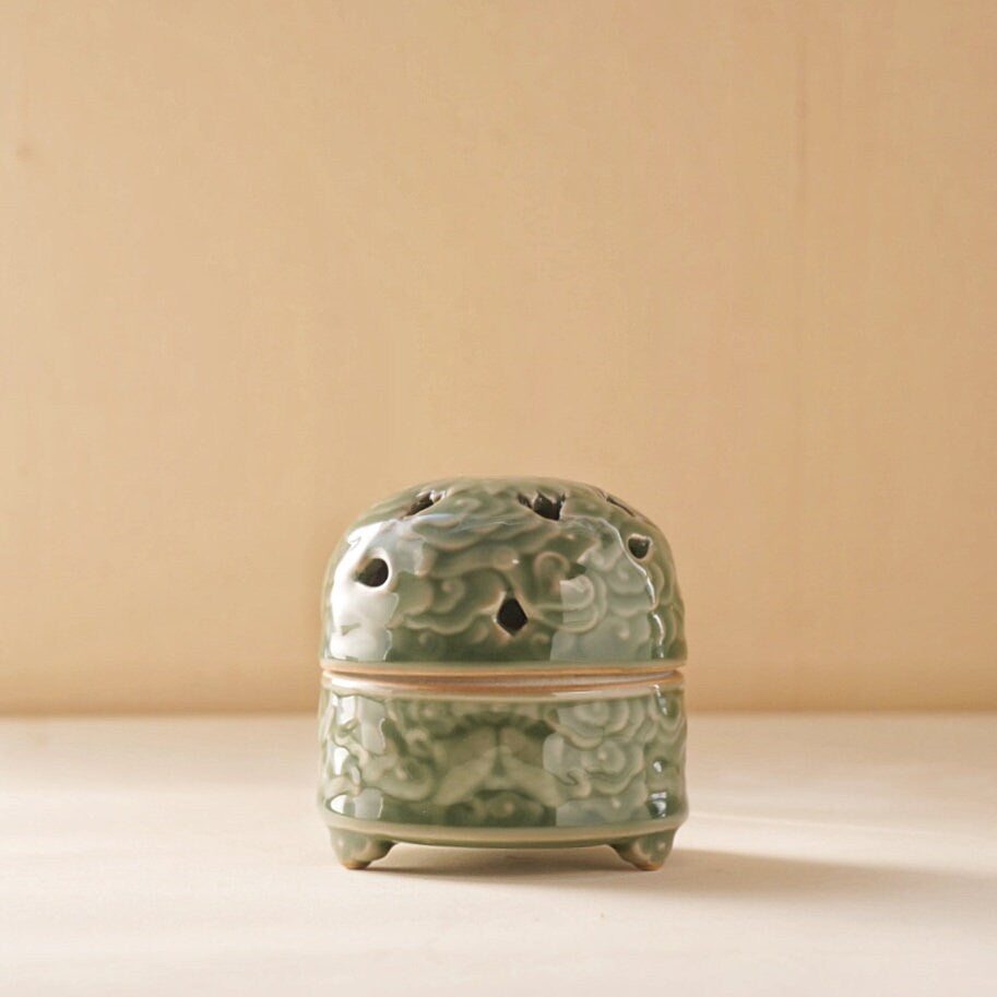 Handcrafted Ceramic Incense Burner, Longquan Celadon Smudge Holder, Sage Charcoal Burner, Elegant Floral Design for Relaxation & Meditation