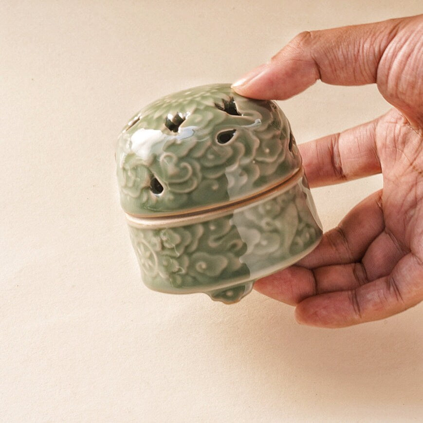 Handcrafted Ceramic Incense Burner, Longquan Celadon Smudge Holder, Sage Charcoal Burner, Elegant Floral Design for Relaxation & Meditation