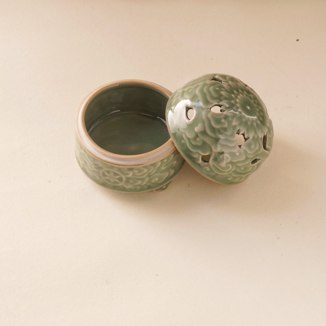 Handcrafted Ceramic Incense Burner, Longquan Celadon Smudge Holder, Sage Charcoal Burner, Elegant Floral Design for Relaxation & Meditation