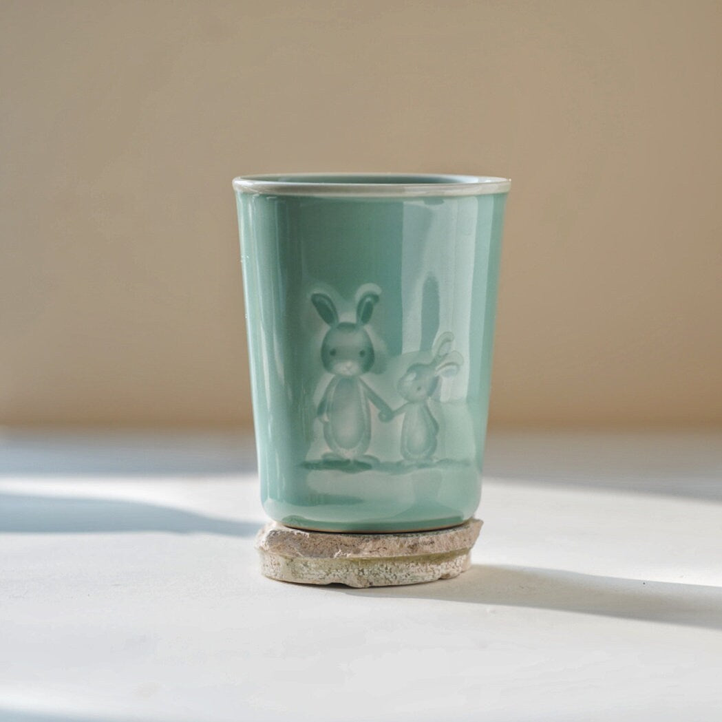 Handmade Ceramic Mug | Rabbit Engraved Tea Cup | 300ml Pottery Cup | Rustic Coffee Mug | Unique Gift for Tea Lovers |